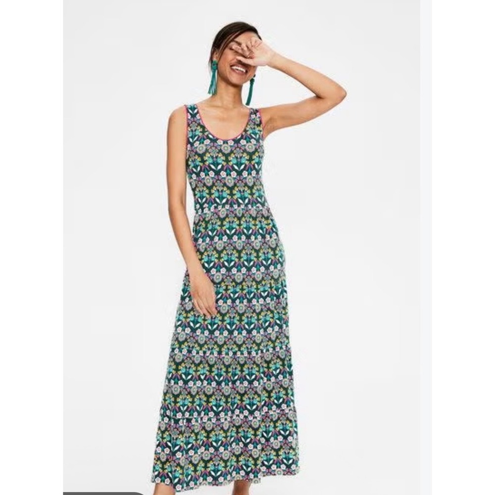 Boden Womens Floral Tiered Maxi Dress Teal Pink Sleeveless Scoop Neck Size 4R